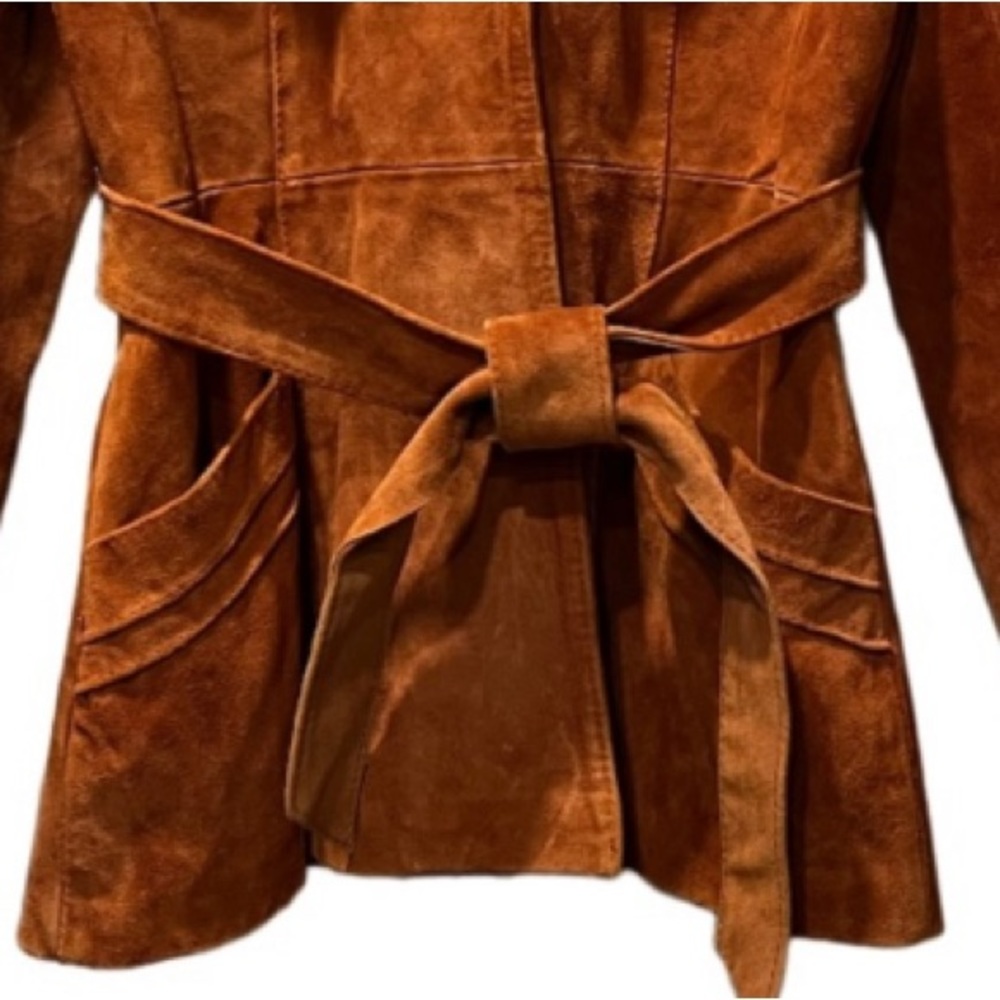 Vintage Suede Leather Jacket 70s Hippie Belt Pennylane Burnt Orange 13/14 Medium - Picture 14 of 17